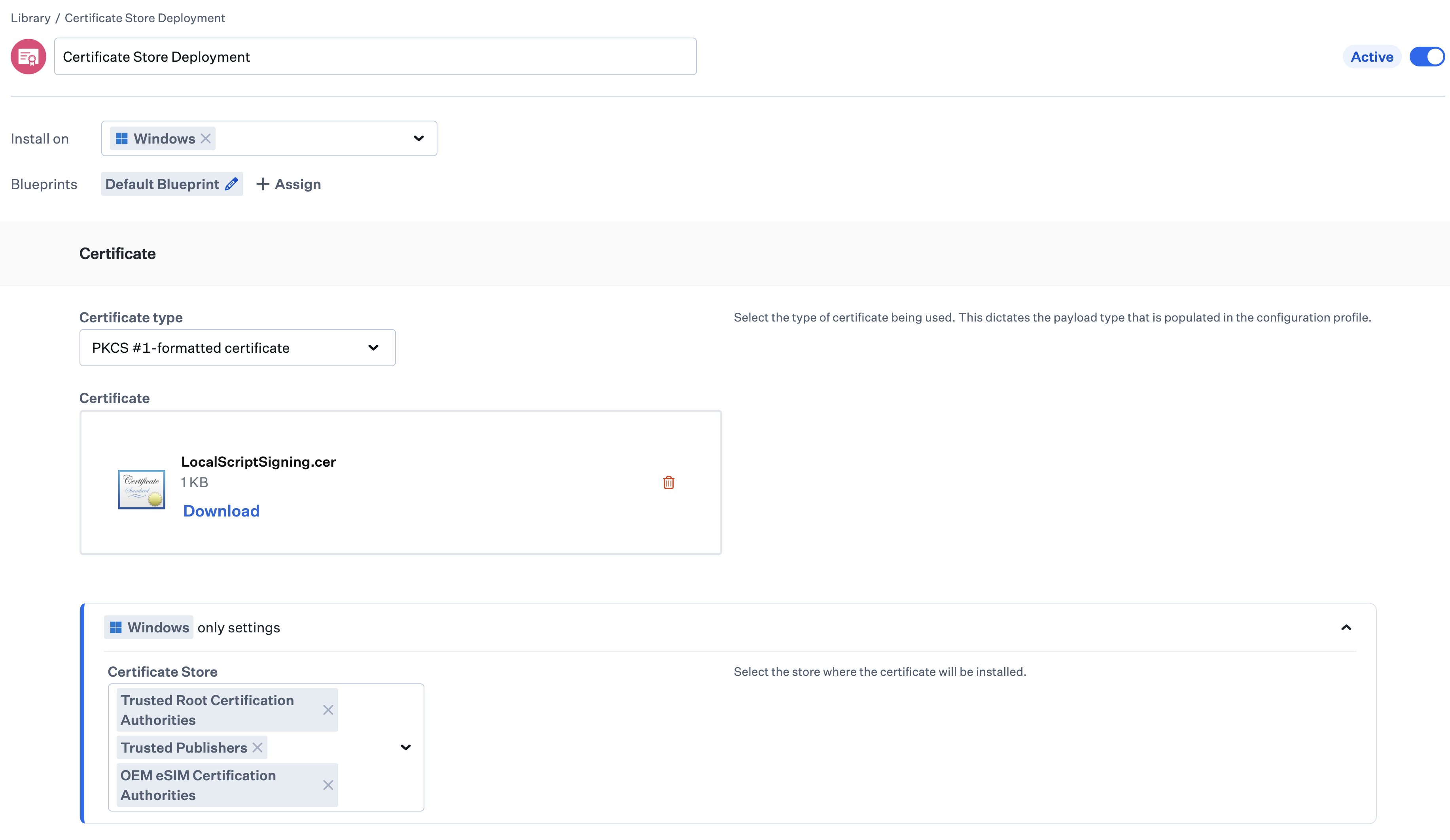 Windows certificate configuration showing selectable trusted root certificate stores